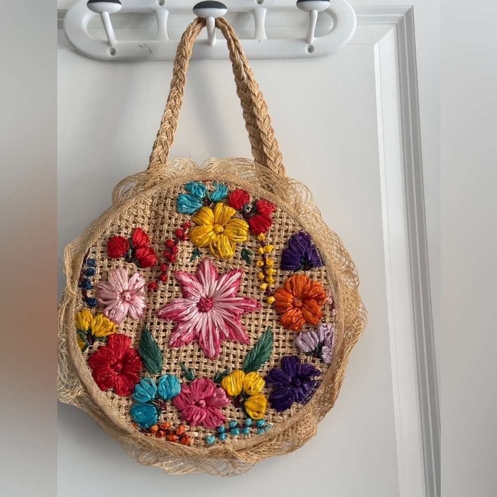 Floral Embroidered Straw Tote Bag